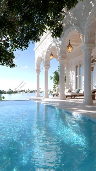 The image depicts a luxurious pool adjacent to an elegant building featuring white arched columns and intricate architectural decorations. Hanging from the ceiling are illuminated lanterns in an oriental style. Trees appear in the background alongside a serene lake or river, providing a sense of tranquility and natural beauty.