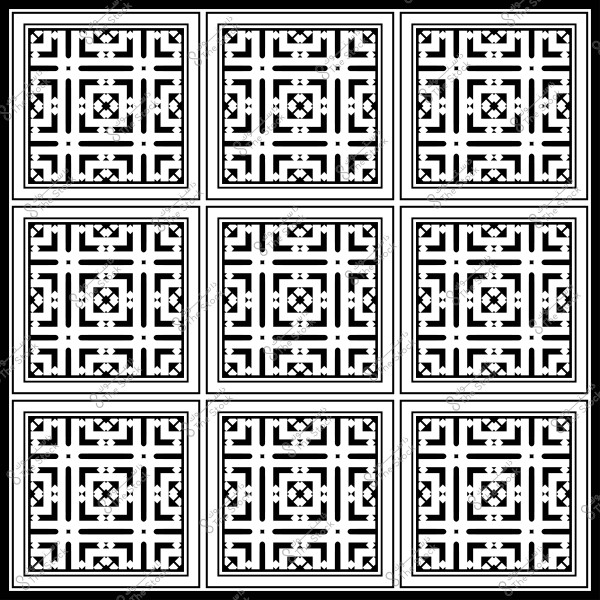 Nine squares containing a repetitive geometric black and white pattern resembling traditional Islamic art.