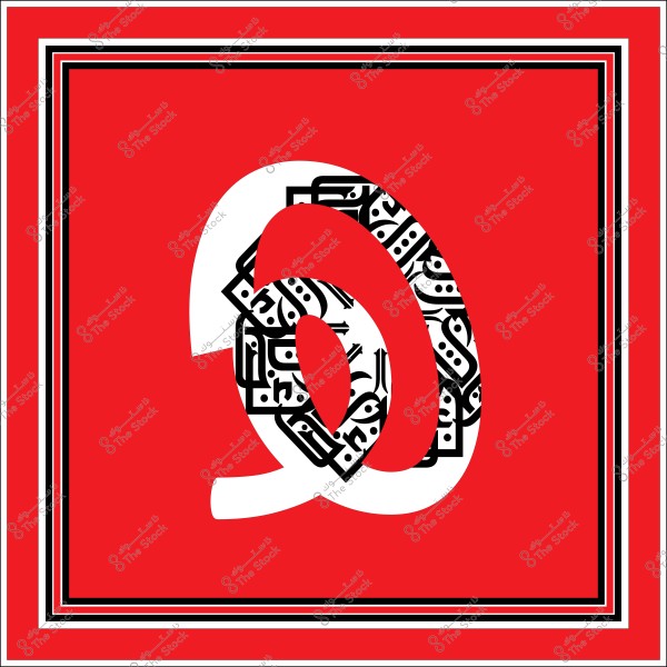 An artwork featuring Arabic calligraphy with a large letter and intricate geometric shapes underneath, set against a vibrant red background. The outer border is red with parallel black and white lines.