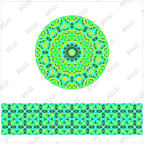 تصميم هندسي ماندالا بألوان خضراء وزرقاء وصفراء في شكل دائري مع نمط متكرر في الأسفل.
