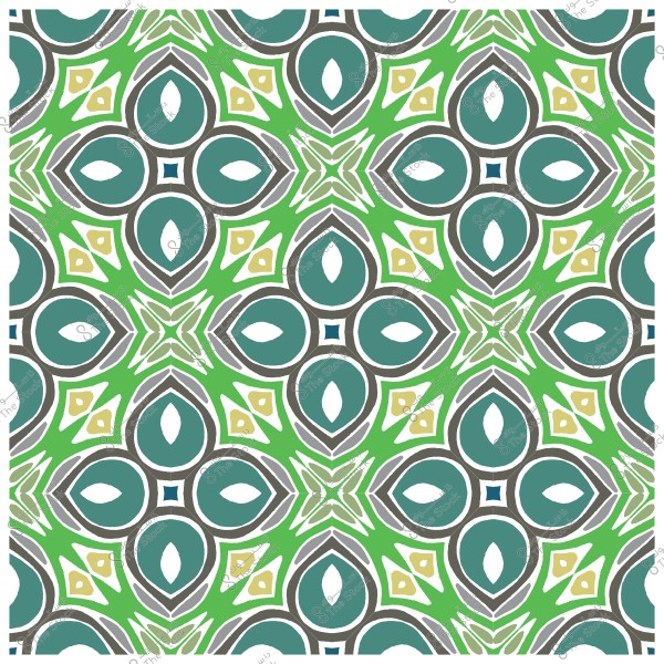 نمط هندسي متكرر بألوان خضراء وزرقاء وذهبية بتصميمات على شكل زهرة.