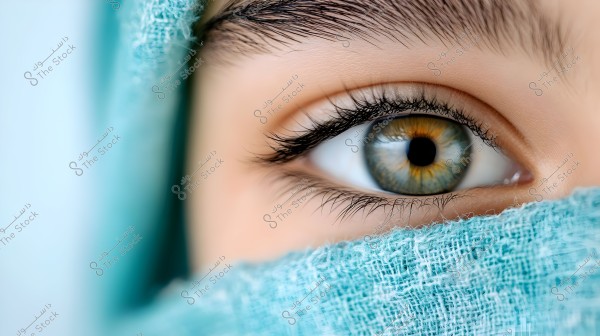 Close-up image of a human eye with vivid blue and green colors, surrounded by dark eyelashes. The lower part of the image features a piece of blue fabric, suggesting it might be a head covering. The skin around the eye appears natural and blemish-free.