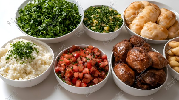 An image featuring a variety of assorted foods in white bowls on a table. Includes a bowl of golden stuffed bread, chopped tomato salad with herbs, roasted meat, white rice topped with chopped parsley, salad with herbs and vegetables, and a bowl of roasted peppers.