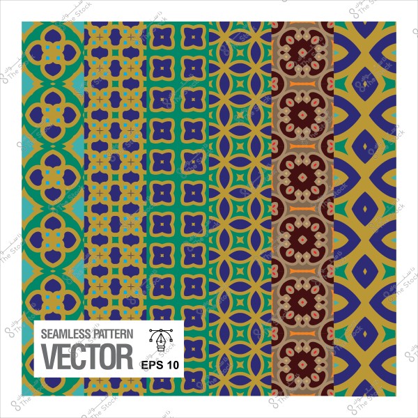 نماذج زخرفية متكررة بأشكال هندسية متنوعة بألوان متعددة تتضمن الأزرق, الأخضر, والبني.