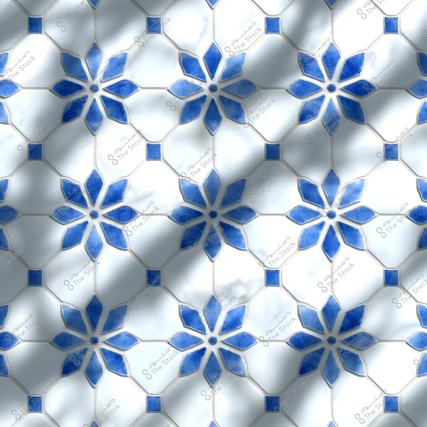 A tile design featuring a geometric pattern with blue and white hexagonal floral shapes on a white background. The shapes are repeated in a regular manner, providing a sense of symmetry and elegance. This design is a common motif in Islamic decorative arts.