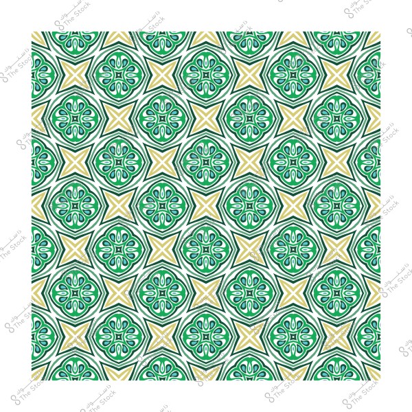 نمط زخرفي متماثل ذو تصميم إسلامي بأشكال هندسية باللونين الأخضر والذهبي.