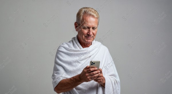 Portrait of an elderly man wearing a white garment, resembling an ihram attire, holding a smartphone in his hands while looking at it. The background is a simple gray, highlighting the person and clothing details. The image is in a portrait style and may be from the Middle East.