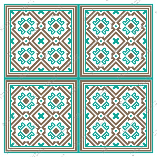 Geometric tile design with white, brown, and blue colors.