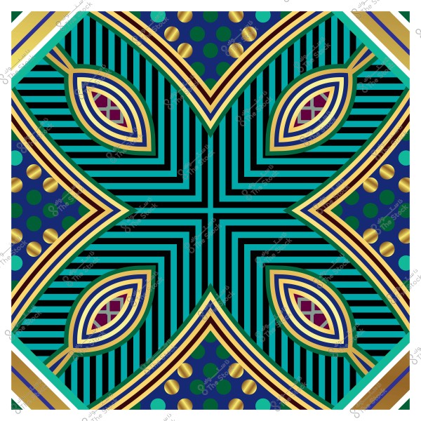 Colorful geometric pattern with intersecting lines and gold circular elements on a dark background.