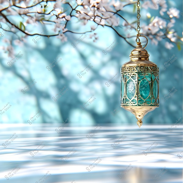 A golden lantern with blue glass hangs from a chain against a background showing shadows of blooming tree branches on a light blue wall and a shiny surface.