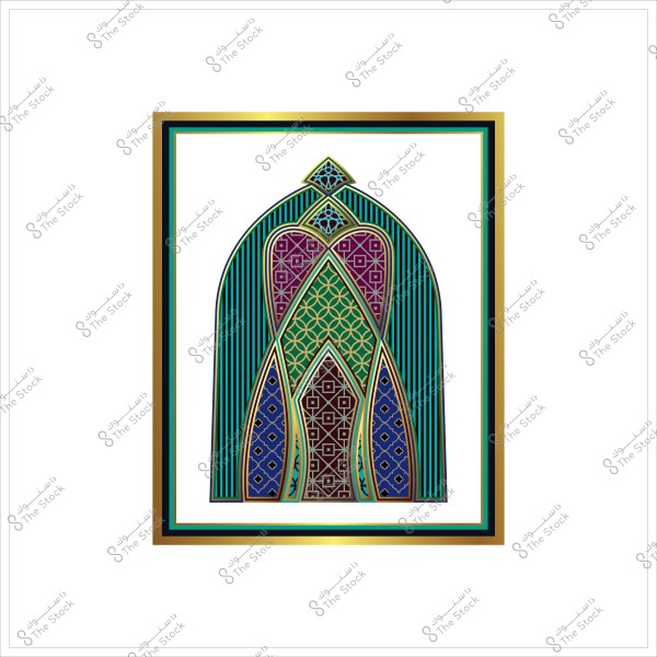 تصميم هندسي بزخارف إسلامية بألوان متعددة داخل إطار مستطيل.