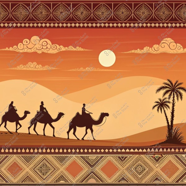The image depicts three people riding camels in the desert at sunset. The sky is filled with orange and golden hues, with clouds adorned with circular patterns. The horizon showcases rolling sand dunes and a palm tree on the right side. The top and bottom edges of the image feature geometric patterns and traditional ornaments.