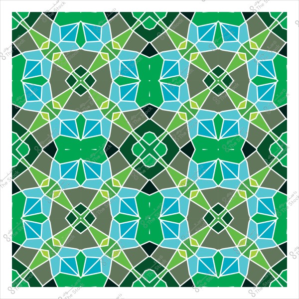 تصميم هندسي متماثل بألوان خضراء وزرقاء وبيضاء, يشبه الأنماط الإسلامية التقليدية. يحتوي التصميم على أشكال هندسية متداخلة مثل المربعات والمثلثات التي تشكل شبكة متناسقة.

-