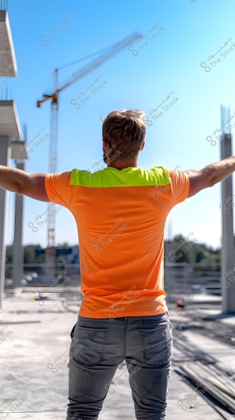 A rear view of a person standing on a construction site wearing an orange shirt and gray pants, with a crane visible in the blue sky background. The person’s arms are extended to the sides, surrounded by walls and pillars under construction.