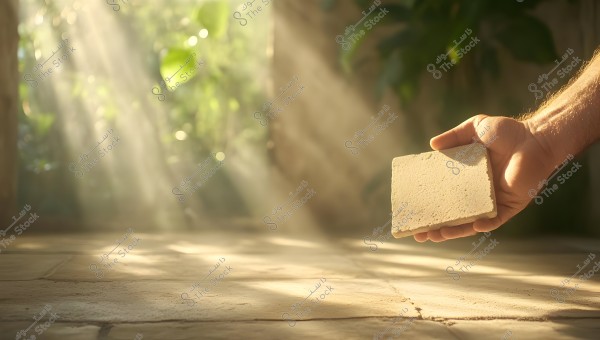 A hand holding a small square tile, illuminated by sunlight streaming between green plant leaves in the background, creating a natural and warm atmosphere.