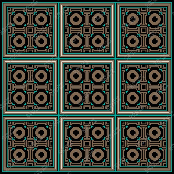 تصميم هندسي متماثل يحتوي على تسعة مربعات من البلاط الزخرفي بألوان بنية وزرقاء.