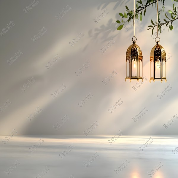 Two golden lanterns hanging on a rope with green tree branches draping alongside, set against a light-colored wall with soft shadows. The floor is made of shiny gray marble, adding an atmosphere of elegance and tranquility.