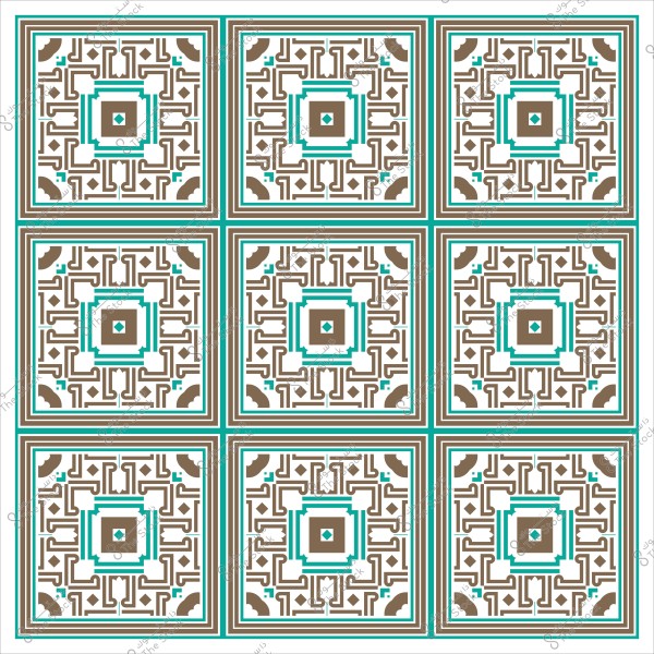 تصميم زخرفي هندسي مكون من تسعة مربعات بزخارف إسلامية بألوان بني وأخضر.