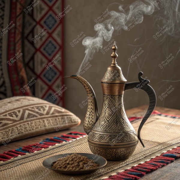 A traditional Arabic Dallah coffee pot with intricate design patterns, placed on a table adorned with a woven mat and beside it a bowl of coffee beans. Steam rises from the pot, and in the background are cushions with colorful, traditional patterns.