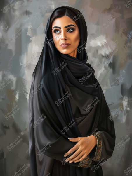 An image depicting a portrait of a woman wearing a black abaya and a headscarf covering her hair, with a calm, sideward glance. The background features a blend of gray and beige colors with an artistic, textured effect. The clothing style may be inspired by Saudi culture.