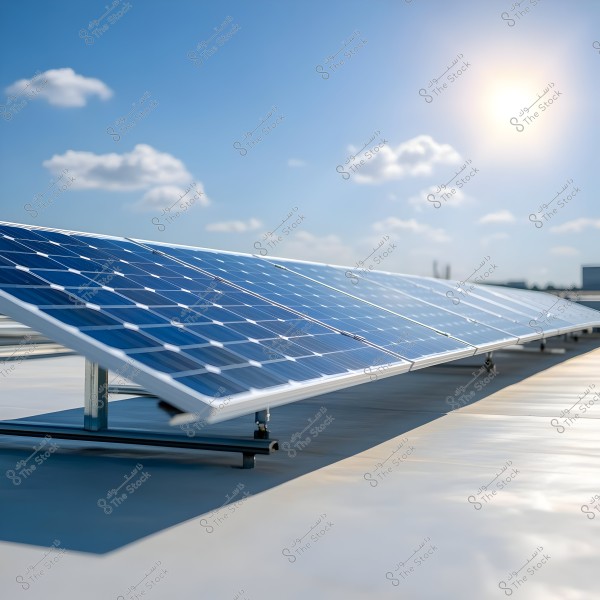 Image of solar panels aligned on a rooftop under a bright sun and a clear blue sky with a few white clouds. The panels are tilted at an angle to efficiently capture the sunlight.