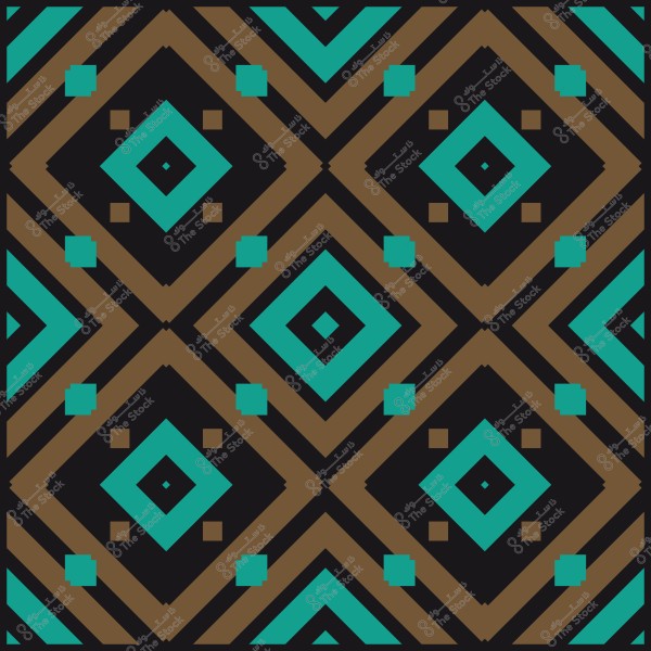 نمط هندسي متماثل بأشكال مربعة ومعينية بألوان زرقاء وبنية على خلفية سوداء.