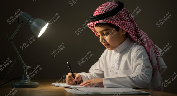 Image of a young boy sitting at a wooden table illuminated by a desk lamp, wearing a white thobe and red and white ghutra. The boy appears focused as he writes in a notebook with his pen. The setting is calm, and the lighting casts a warm tone on the scene.