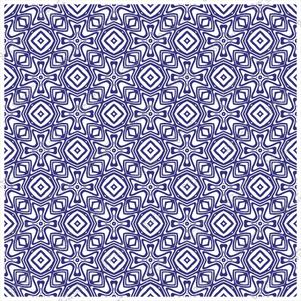 نمط هندسي متماثل باللونين الأزرق والأبيض يتضمن أشكالاً هندسية متكررة.