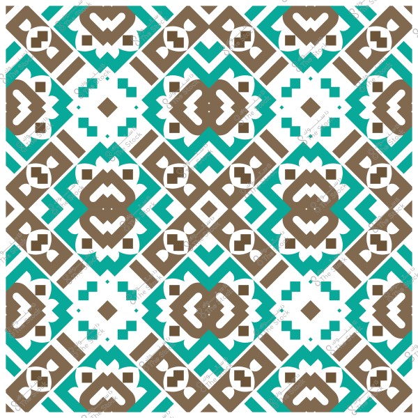 نمط هندسي تقليدي بألوان زرقاء وبنية وبيضاء, يتميز بأشكال متداخلة وزخارف مكررة.