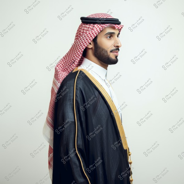 An image of a man who appears to be of Saudi origin wearing traditional attire with a ghutra and agal. He is also wearing a black bisht with golden embroidery. He is standing in a side profile against a neutral white background.