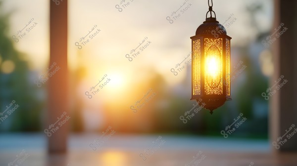 A traditional metal lantern hanging, featuring an intricate design with light shining through its openings. The image captures a sunset scene with the sun casting golden rays in the background, creating a warm and calming atmosphere.