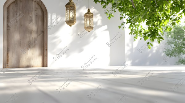 An image showing a white-walled entrance with a large wooden door on the left. Two ornate golden lanterns hang from the ceiling, casting intricate shadows on the white floor. The top part of the image displays green tree branches against a white background, with their shadows creating patterns on the walls.