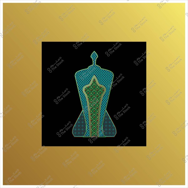 رسم تجريدي لشكل هندسي مزخرف باللون الأزرق والأخضر على خلفية سوداء محاطة بإطار ذهبي.