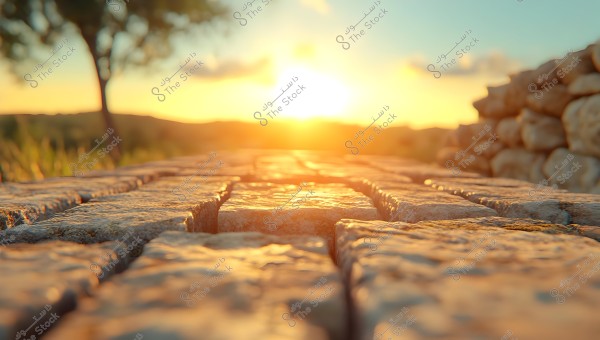 A view of cobblestones in the foreground under the setting sun. In the background, trees are blurred, and the horizon is lit with warm sunset colors like yellow and orange.