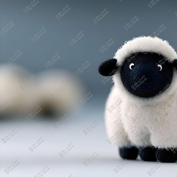 Image of a plush toy sheep, depicting a small lamb with a black woolen face and a soft white body. The background is blurred and light blue, with another sheep visible but out of focus.