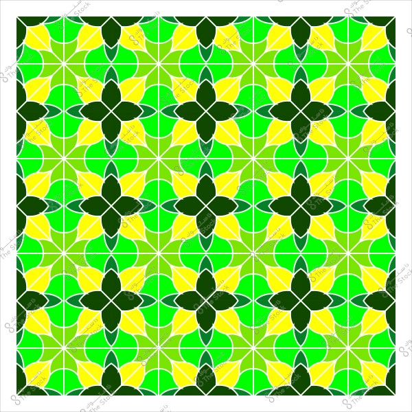 صورة تصميم نمطي مكرر يحتوي على أشكال زهرية متناظرة بثلاثة ألوان رئيسية: الأخضر الداكن, والأصفر, والأخضر الفاتح. يُظهر التصميم ترتيباً دقيقاً للأشكال الهندسية التي تتبادل بشكل متناسق لتشكل زخرفة متكررة يغلب عليها الطابع الإسلامي.

-