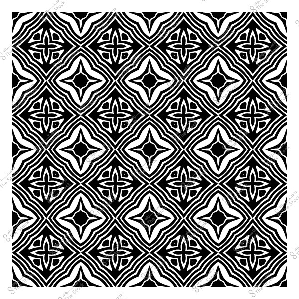 نمط زخرفي باللونين الأسود والأبيض يتكون من أشكال هندسية متكررة ونجوم صغيرة.