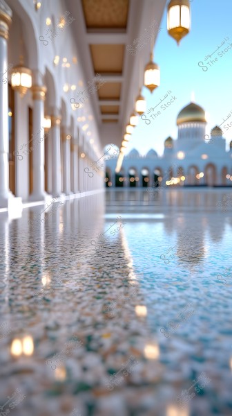 Image depicting a long arched corridor in a grand mosque, featuring white columns and hanging lights that create an atmospheric ambiance. The ceiling has golden decorative details, while the floor shows reflections of surrounding structures and calm blue water. In the background, golden domes of the mosque are visible under a clear blue sky.