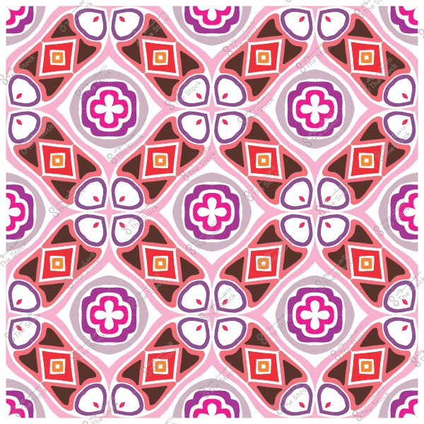 Geometric decorative pattern with interlocking shapes in vibrant colors like red, pink, and purple.