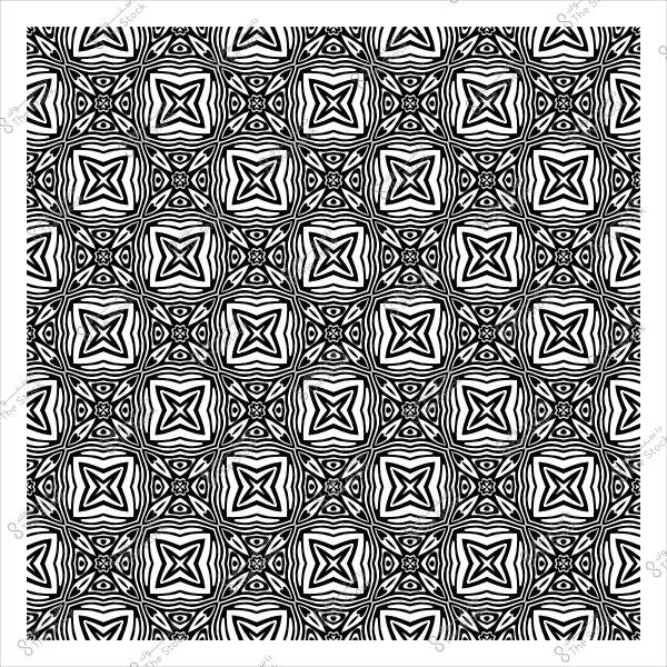 نمط هندسي أبيض وأسود يتكون من أشكال وأشكال نجومية متكررة.