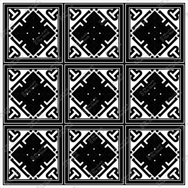 تصميم نمط هندسي أبيض وأسود يتكون من مربعات متكررة بمركز مزخرف وخطوط متشابكة.