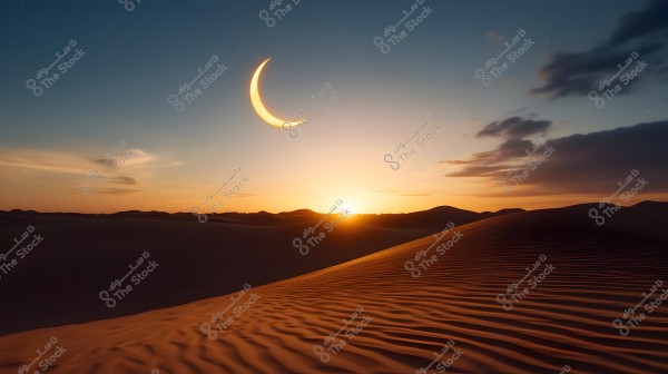 An image of a natural desert scene during sunset. A bright crescent moon is visible in the sky above the rolling sand dunes. Clouds are scattered in the sky, and the sun\'s rays illuminate the desert horizon with a warm orange-golden hue.