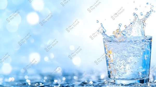 An image of a glass cup filled with water, with water splashes flying in the air. The droplets scatter beautifully and brightly against a softly blurred blue background.