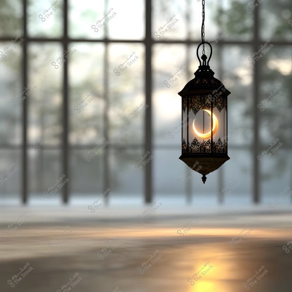 A traditional lantern hangs from the ceiling, clearly visible in the foreground of the image. The lantern is made of metal with intricate designs and is lit from the inside, resembling the shape of a crescent. The background is blurred, showing large windows with glimpses of trees outside.