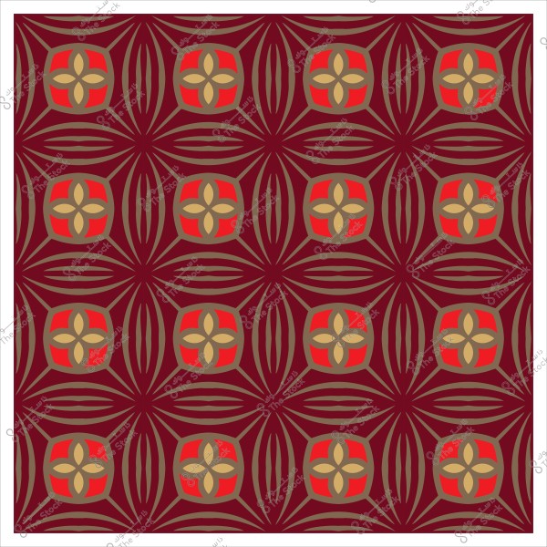 تصميم هندسي معقد بألوان الأحمر والذهبي يشكل أنماطًا زهرية ومربعات متداخلة.