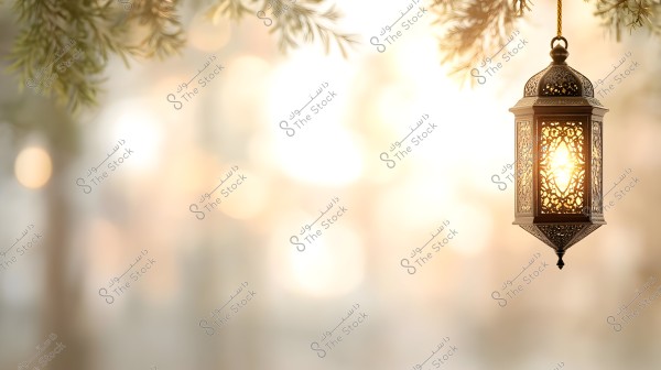 صورة لفانوس مزخرف معلق يتدلى من شجرة, ينبعث منه ضوء دافئ. الخلفية ضبابية وتظهر أشكال الضوء بشكل دائري, مما يضفي جواً من الهدوء والسكينة. الأغصان الخضراء يمكن رؤيتها في أعلى الصورة.