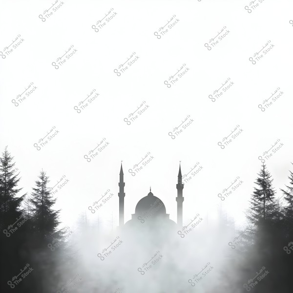 An image of a mosque surrounded by trees and covered in fog. The mosque features prominent minarets and a dome, with dense forest-like trees framing the scene. The lighting is dominated by white and gray tones due to the heavy fog.