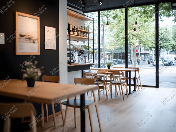 Image of a modern café with a minimalist interior design, featuring light wooden tables and chairs. The space is characterized by large glass windows overlooking a street with green trees. The walls display framed art pieces, and the area is lit by contemporary hanging lights. The tables are decorated with small potted plants.