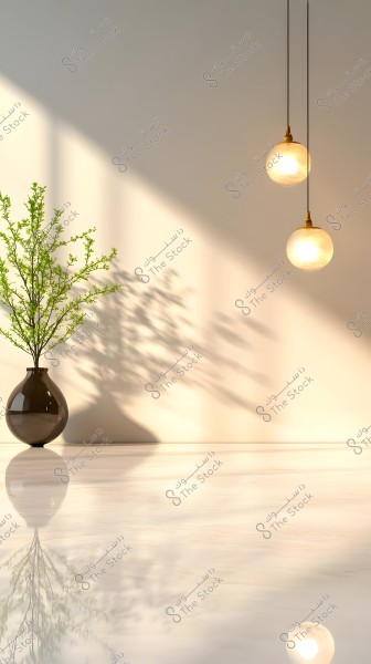 An image showcasing a simple and serene interior decor with a light-colored wall and a dark ceramic vase containing a plant with green leaves. Natural light shines on the wall, casting the plant\'s shadow onto the surface. Two spherical pendant lamps hang from the ceiling, providing warm lighting to the scene. The elements are reflected on the glossy floor, creating an elegant appearance.