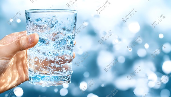 A hand holding a glass filled with clear, sparkling water. Small bubbles are visible within the water. The background consists of a soft blue tone with circular, illuminated abstractions.